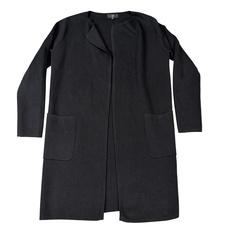 J.Crew‎ Cardigan Sweater Womens XS Black Open Front Longline Merino Blend J6339